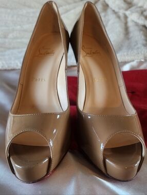 Christian Louboutin Nude Patent Leather Peep-Toe Pumps with Red Soles